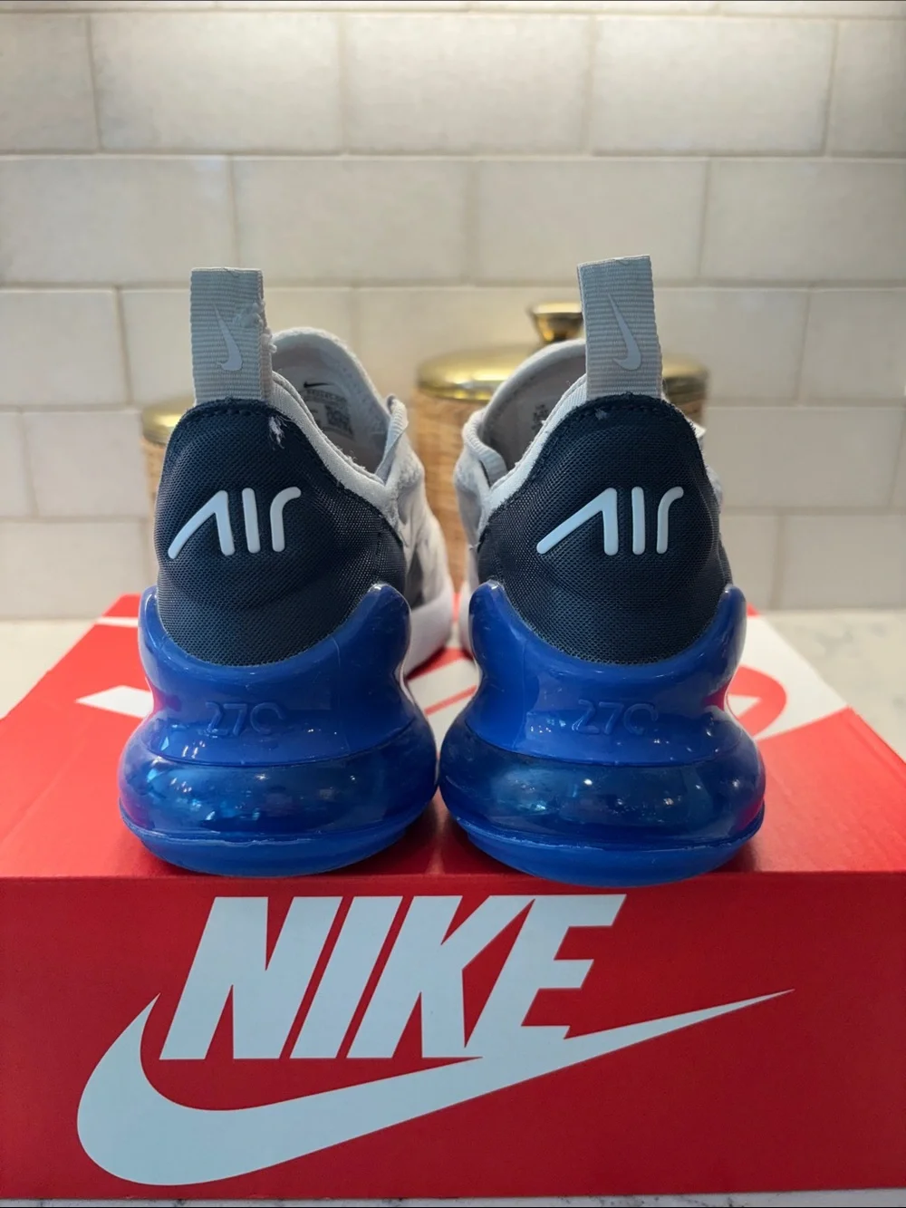Nike Kids Air Max 270 Sneakers - Light Gray with Blue Air Unit